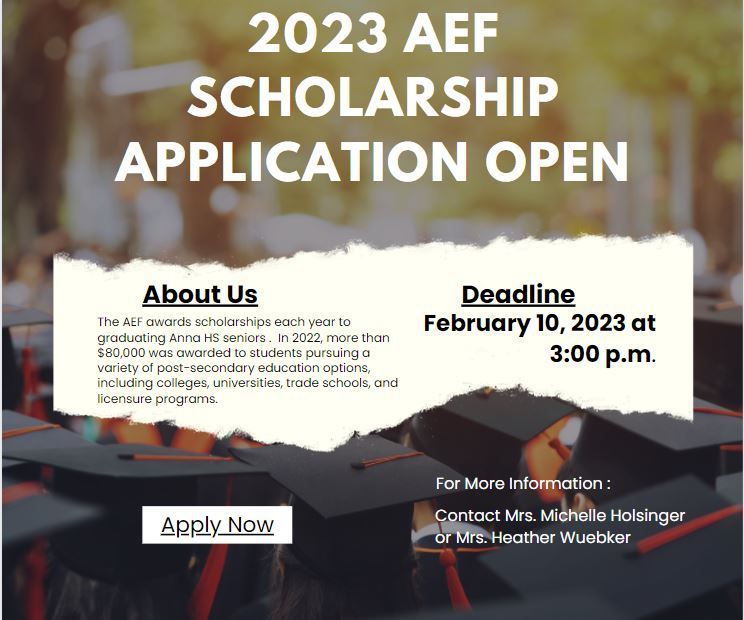 An announcement of the 2023 AEF Scholarship application open until February 10 at 3:00 p.m.